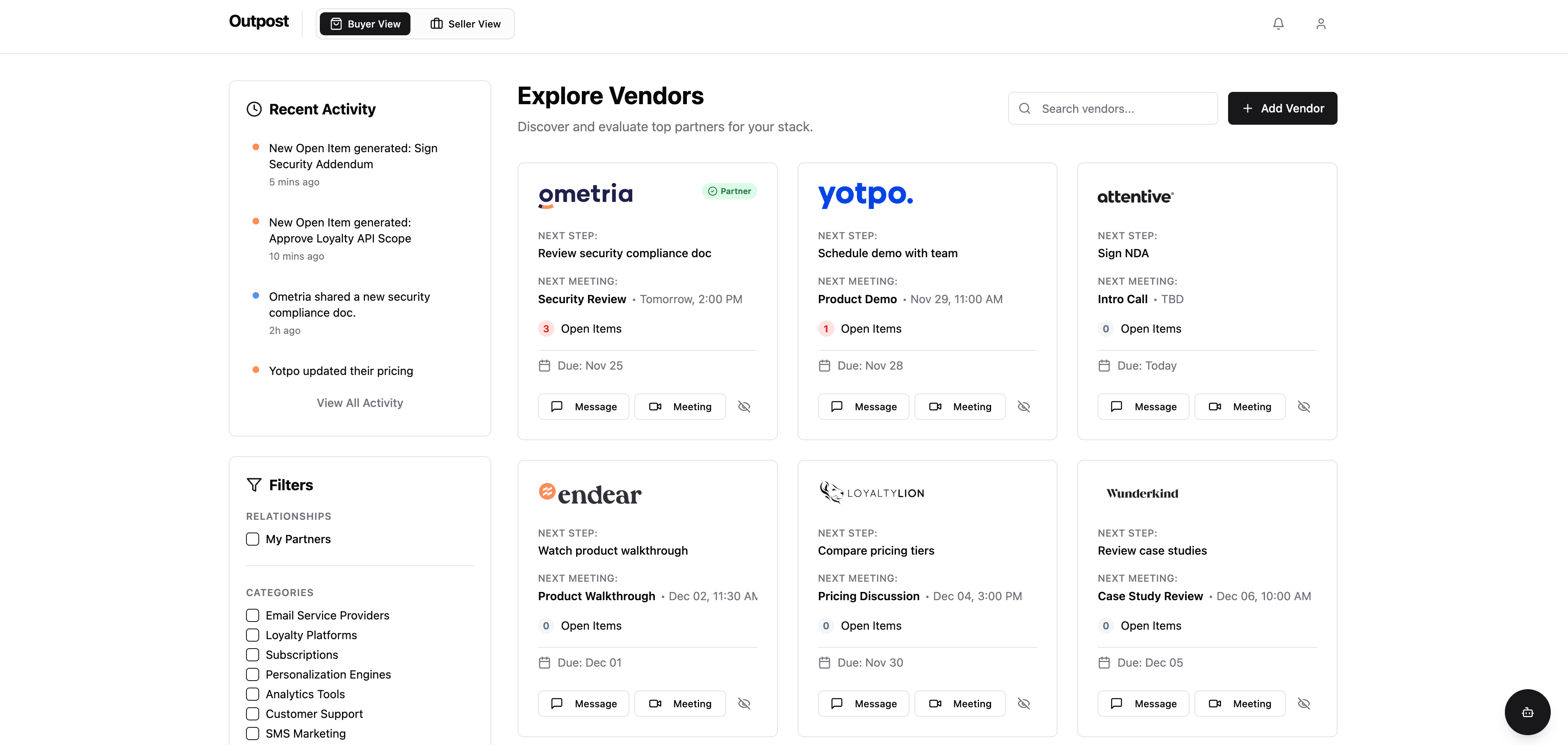 Outpost dashboard showing all vendor relationships organized in one place